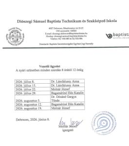 Nyári ügyeleti rend 2026